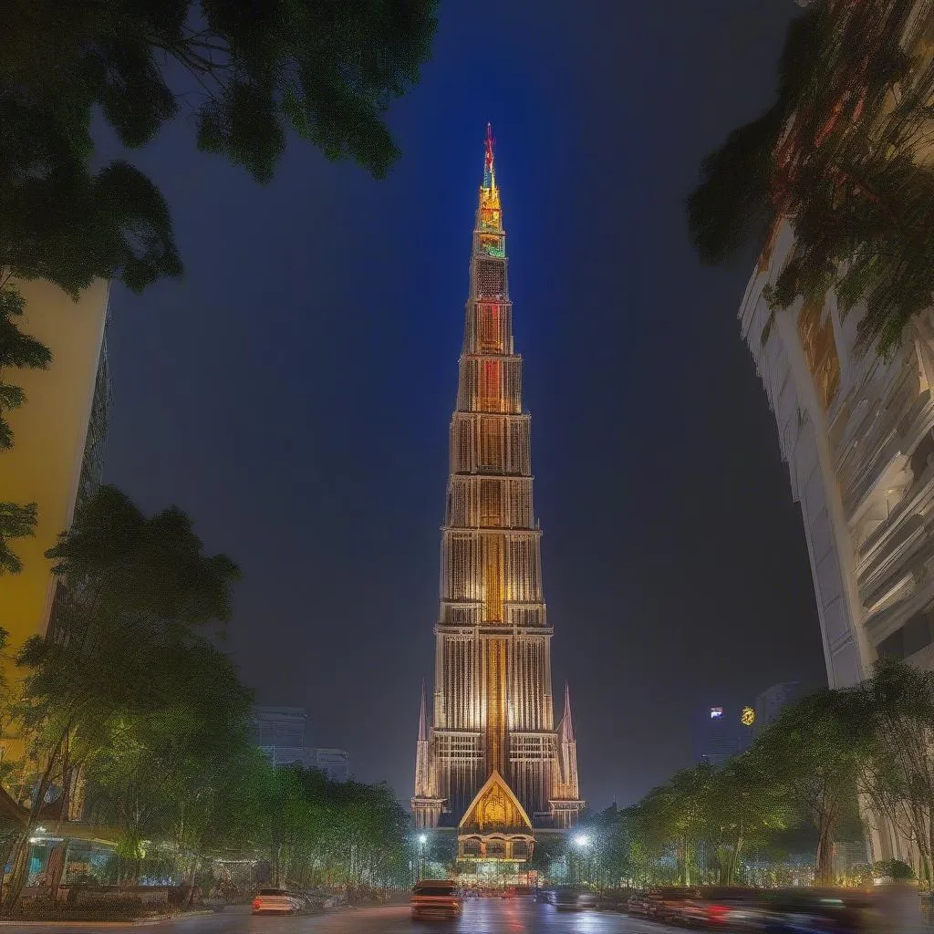 Landmark 81 nhìn từ trên cao về đêm