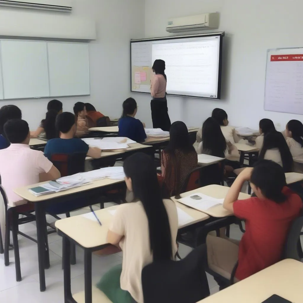 Interior de uma sala de aula num centro de formação IELTS em Thu Duc