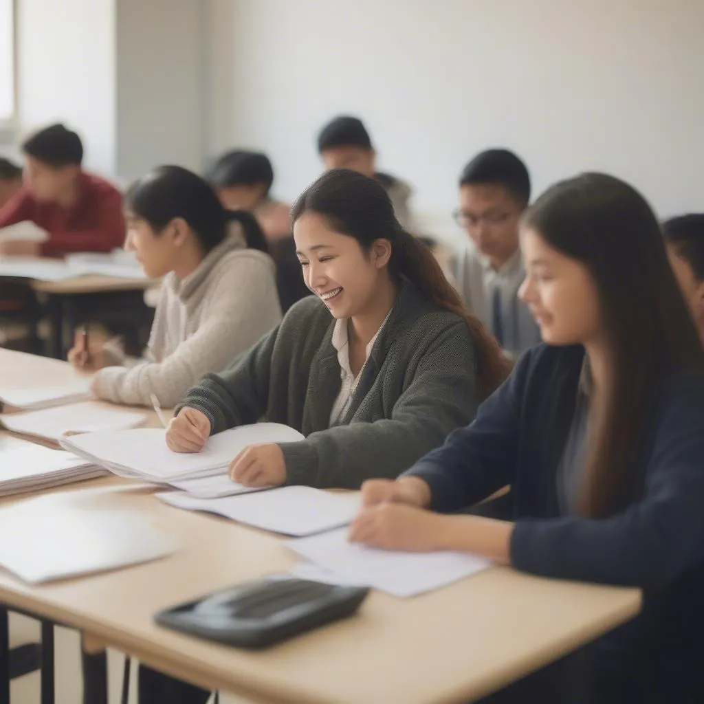 Alunos a estudar num centro de preparação para o exame IELTS em Thu Duc
