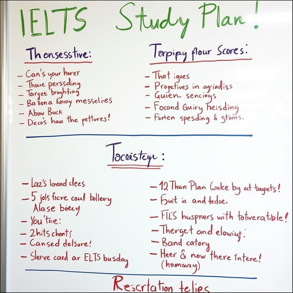 Hình ảnh một lộ trình học IELTS được vẽ trên bảng trắng, với các mốc thời gian và mục tiêu cụ thể.