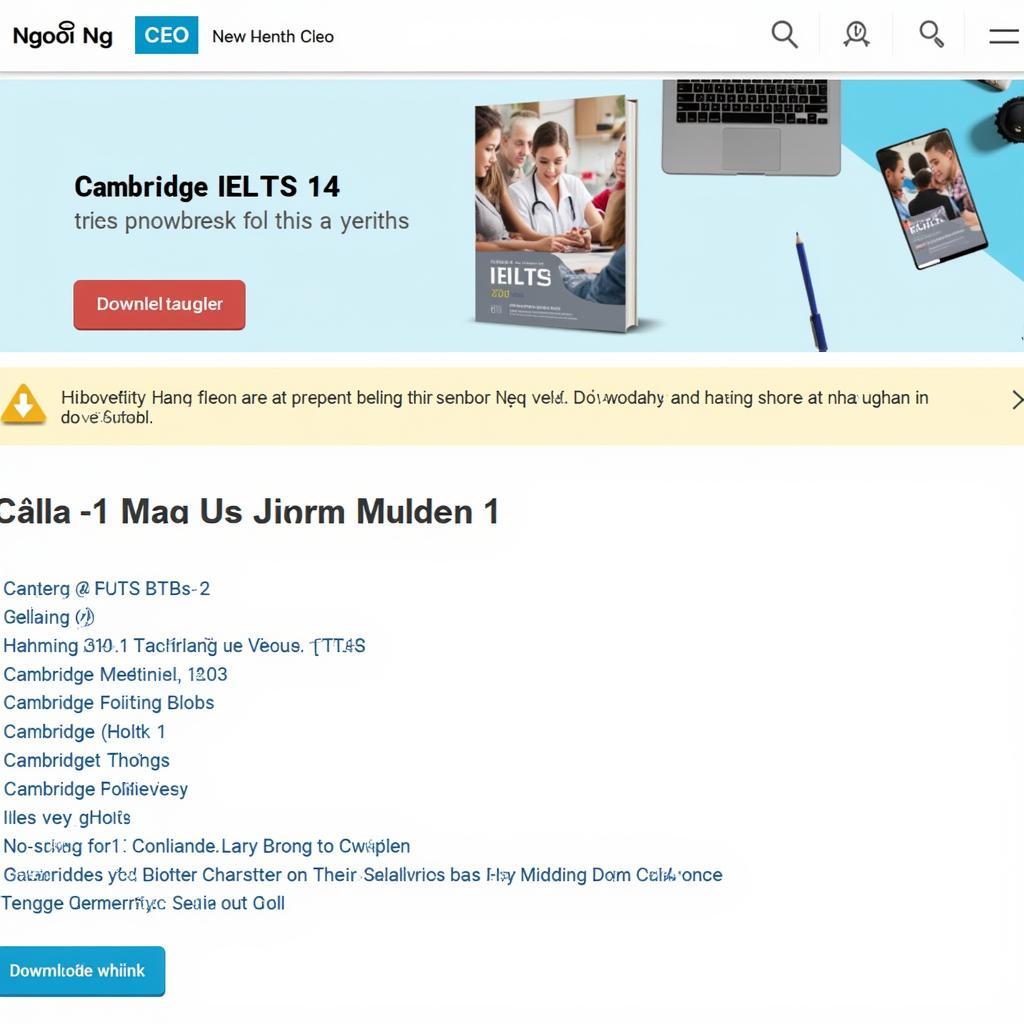 Hình ảnh giao diện website Ngoại Ngữ CEO, nơi cung cấp link download Cambridge IELTS 14 miễn phí.