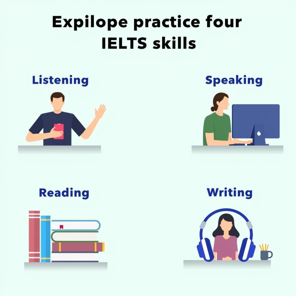 Luyện tập 4 kỹ năng IELTS - Hình ảnh minh họa một người đang luyện tập nghe, nói, đọc, viết tiếng Anh.