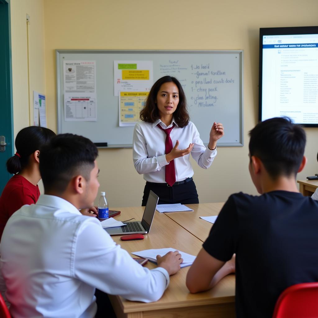 Hình ảnh lớp học IELTS General tại trung tâm NGOẠI NGỮ CEO với giáo viên đang giảng bài và học viên đang chăm chú nghe giảng