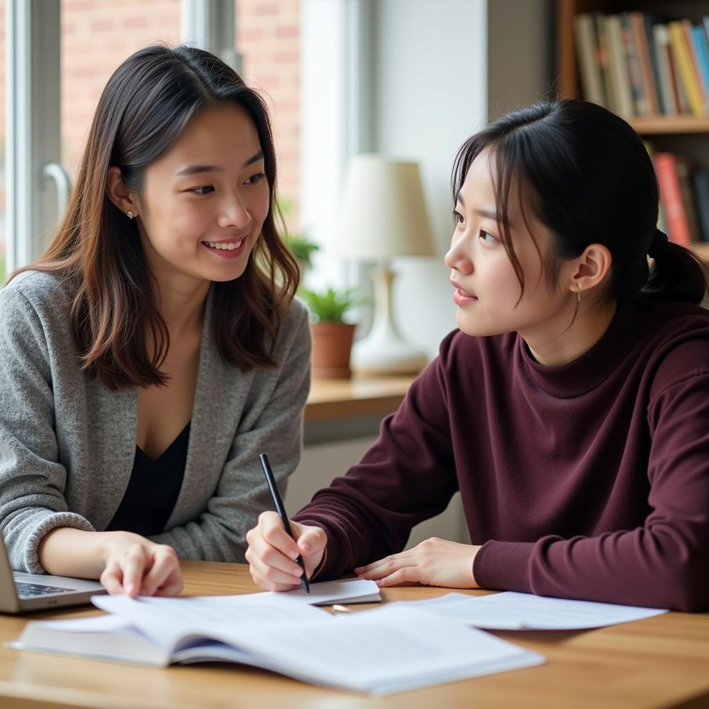 Luyện thi IELTS Speaking cùng chuyên gia - Hình ảnh chuyên gia IELTS đang hướng dẫn học viên cách trả lời câu hỏi "Describe your mom", tạo cảm giác gần gũi và chuyên nghiệp.