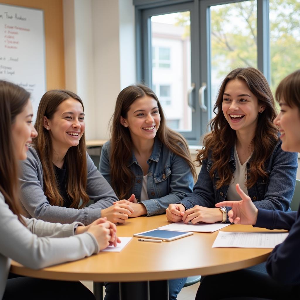 A group of students practicing English together in classroom