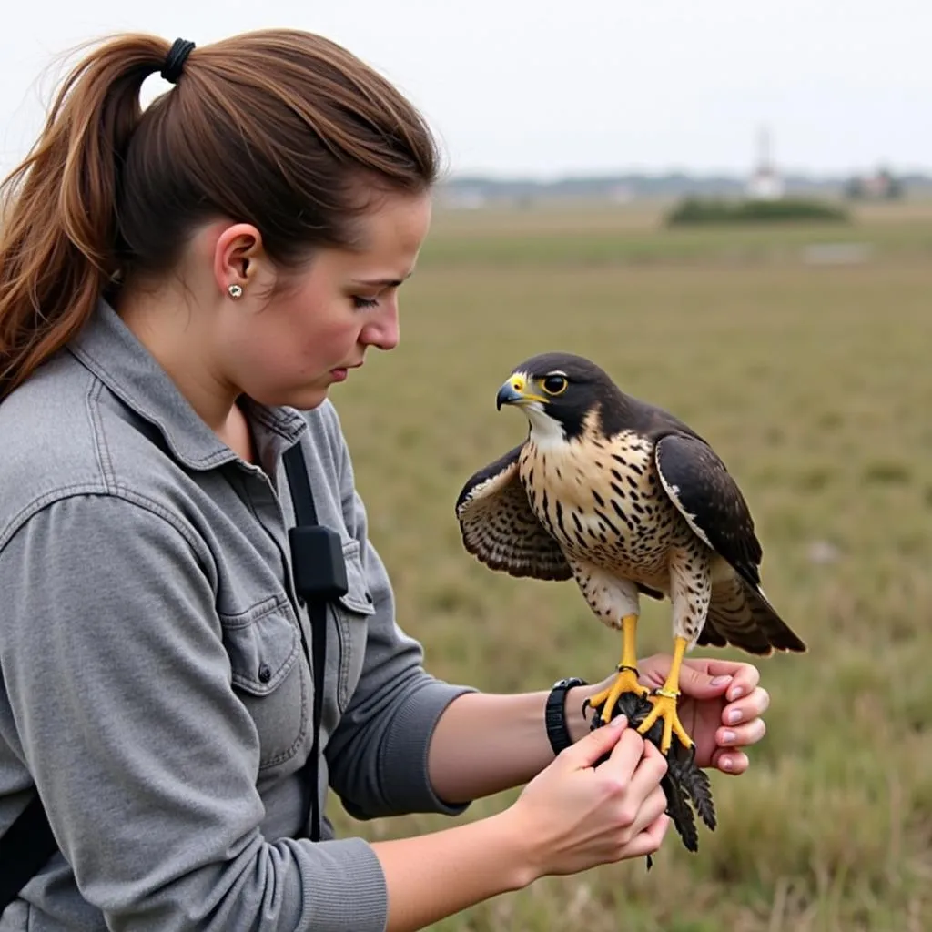 Researcher studying a peregrine falcon