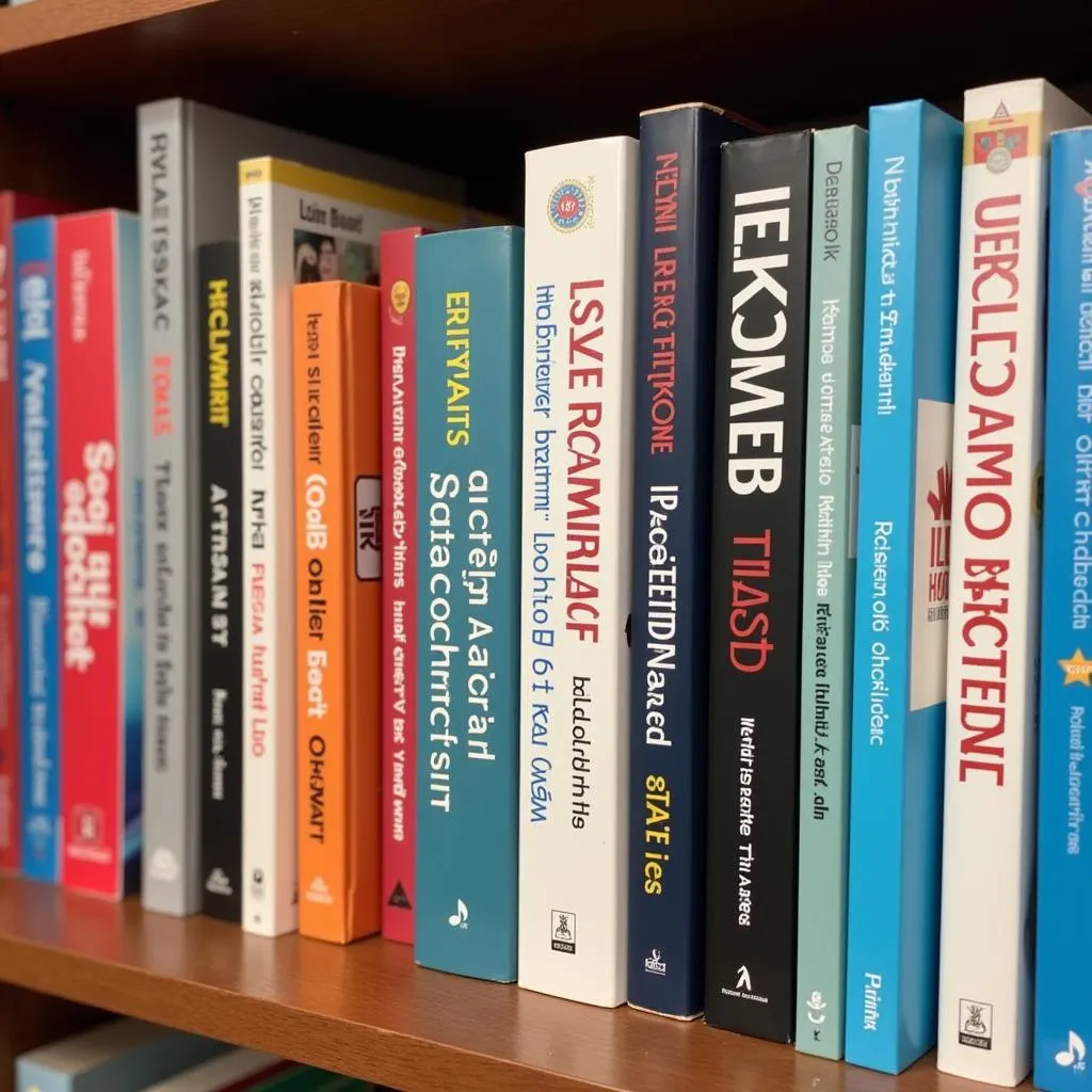 Several IELTS preparation books are neatly arranged on a shelf