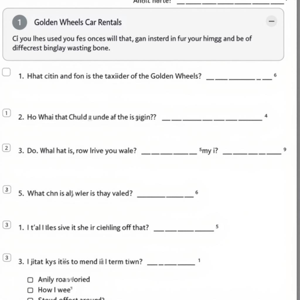 Golden Wheels Car Rentals IELTS Listening Form