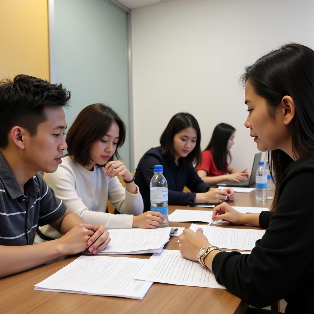 Học IELTS tại Ngoại Ngữ CEO: Giáo viên đang hướng dẫn học viên luyện thi IELTS.