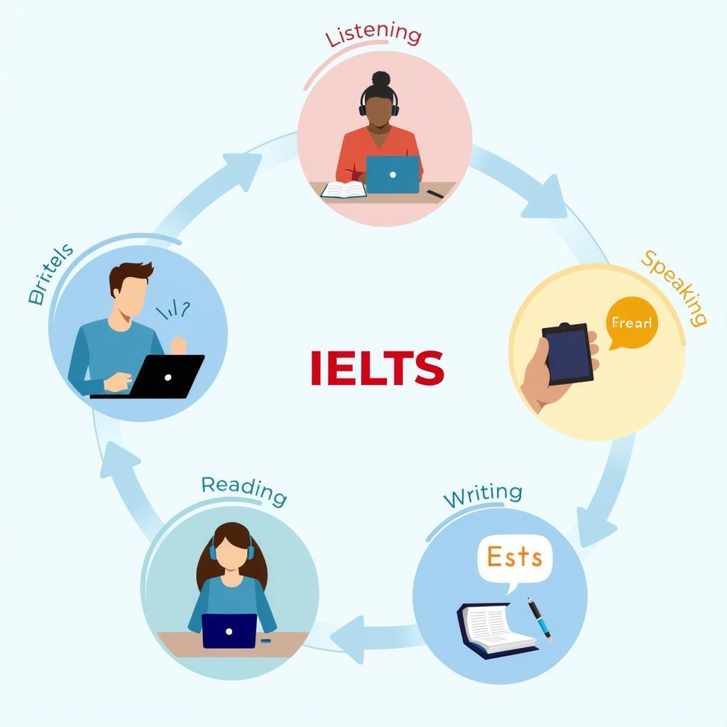 Kỳ thi IELTS là gì? Hình ảnh minh họa về kỳ thi IELTS, bao gồm 4 kỹ năng Nghe, Nói, Đọc, Viết.