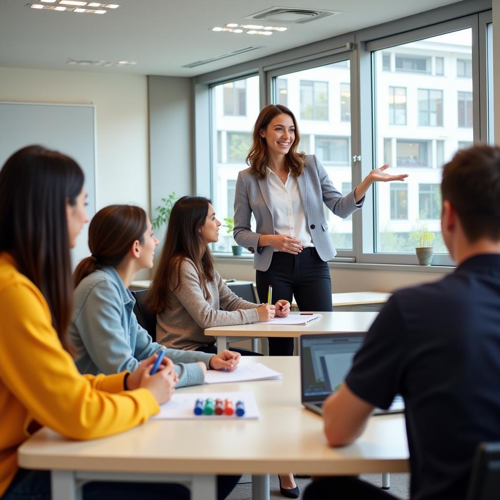 NGOẠI NGỮ CEO - Trung tâm luyện thi IELTS uy tín tại Hà Nội - Hình ảnh minh họa trung tâm với không gian học tập hiện đại, giáo viên đang giảng bài và học viên đang học tập.