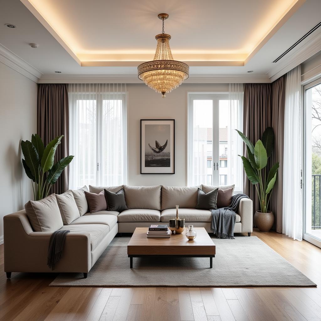 Phòng khách hiện đại với bộ sofa sang trọng, đèn chùm tinh tế và cửa sổ lớn đón ánh sáng tự nhiên.