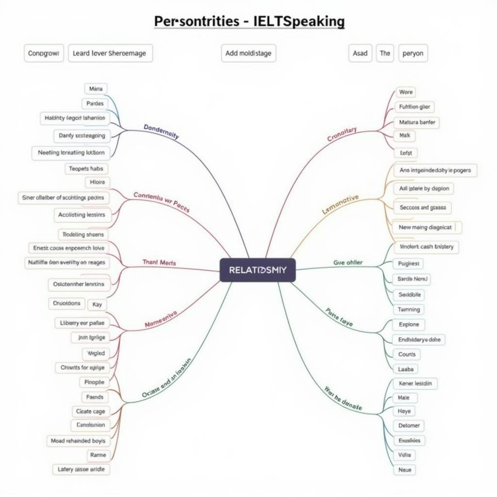 Sơ đồ tư duy với các từ vựng tiếng Anh về mối quan hệ, bao gồm tính cách, cảm xúc và hoạt động.